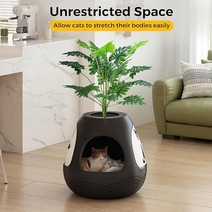 Copod8 Cat Cave, 3-in-1 Kitty House Condo with Plant, Cat Cushioned Bed, Cat Scratchers, Modern Cat Pet Furniture for Indoor, Kitty Hiding Spot (Black, M)