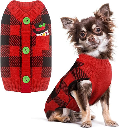 PETCARE Dog Christmas Sweater V-Neck Warm Knitted Puppy Sweaters Vest Cute Red Plaid Snowman Xmas Clothes Outfit for Small Medium Large Dogs Cat Pet Pullover (Decorative Buttons. Can't Untie)