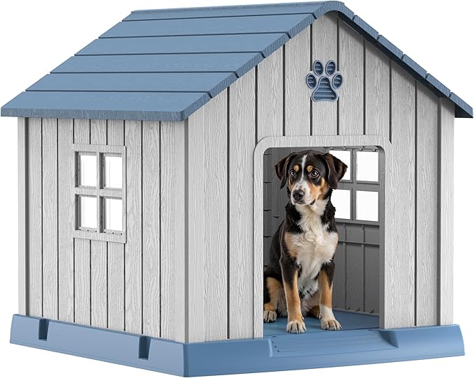 DRATO Dog House Indoor Outdoor for Small to Large Sized Dogs Indoor Outdoor Doghouse Puppy Shelter with Elevated Floor, Easy to Assemble (Blue-x, 31Inch(31.18 * 33.7 * 32.52))