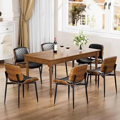 YaFiti Dining Chairs Set of 4, FSC Certified Mid Century Modern Accent Dining Room and Kitchen Chairs, Upholstered PU Leather Diamond Check Chairs with Walnut Bentwood and Metal Legs, Black