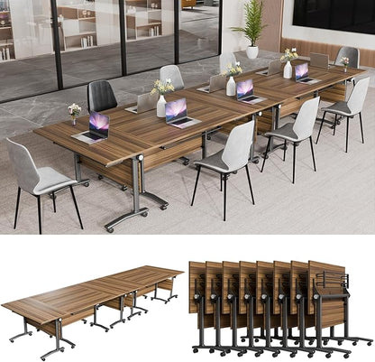 Conference Table, Modern Folding Meeting Tables with Flip Top, Mobile Podcast Table with Four Locking Wheels, Large Training Table for Meeting Room, Office, Classroom (8, A, 61in)