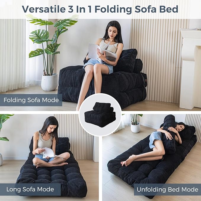 MAXYOYO Folding Sofa Bed, Convertible Sleeper Chair with Pillow Foldable Mattress with Back Support, Portable Fold Out Chair Bed Comfy Floor Sofa Lounge for Living Room Bedroom, Black, Single