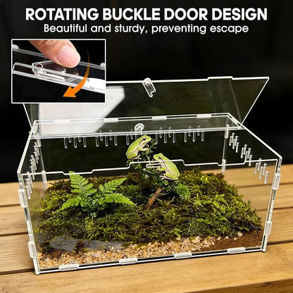 Acrylic Reptile Terrarium, Tarantula Enclosure with Magnetic Door, Easy-Clean Reptile Tank for Spider, Insect, Gecko, Mantis, Frog, Snail, Isopods(Tweezer and Bowl Included)