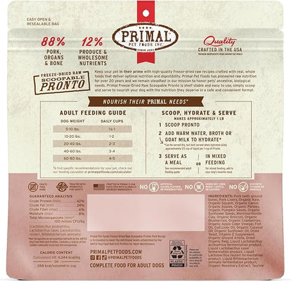 Primal Freeze Dried Dog Food, Pronto Mini Nuggets, Pork; Scoop & Serve, Complete & Balanced Meal; Also Use As Topper or Treat; Premium, Healthy, Grain Free, High Protein Raw Dog Food (16 oz)