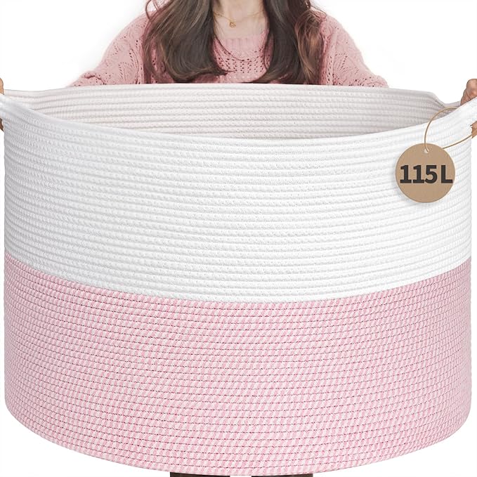 INDRESSME 115L Extra Large Pink Laundry Basket for Nursery Stuffed Animal Storage, Blanket Rope Baby Baskets Kids Toy Organizer Dorm Room Essentials for Girls, Pink