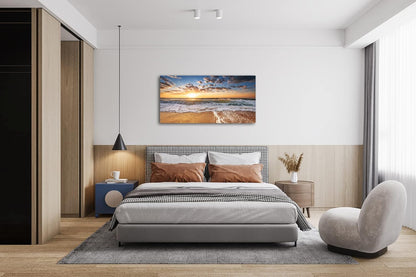 Jiuqinghua Wall Art Decor Large Canvas Print Picture Sunrise over the Sea 1 Panel Ocean Beach Waves Scenery Painting Artwork for Office Wall Decor Home Decoration Stretched and Framed Ready to Hang