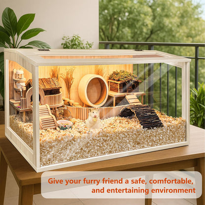 Prolee Hamster Cage Chewproof Wooden 24 Inch Guinea Pig Cages Mice and Rat Habitat Openable Top with Acrylic Sheets Solid Built