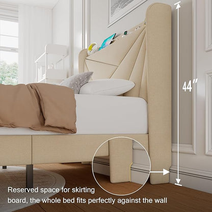 Twin Size Upholstered Bed Frame with Charging Station, Platform Bed Frame with Storage Headboard, Solid Wood Slats Support, No Box Spring Needed, Beige
