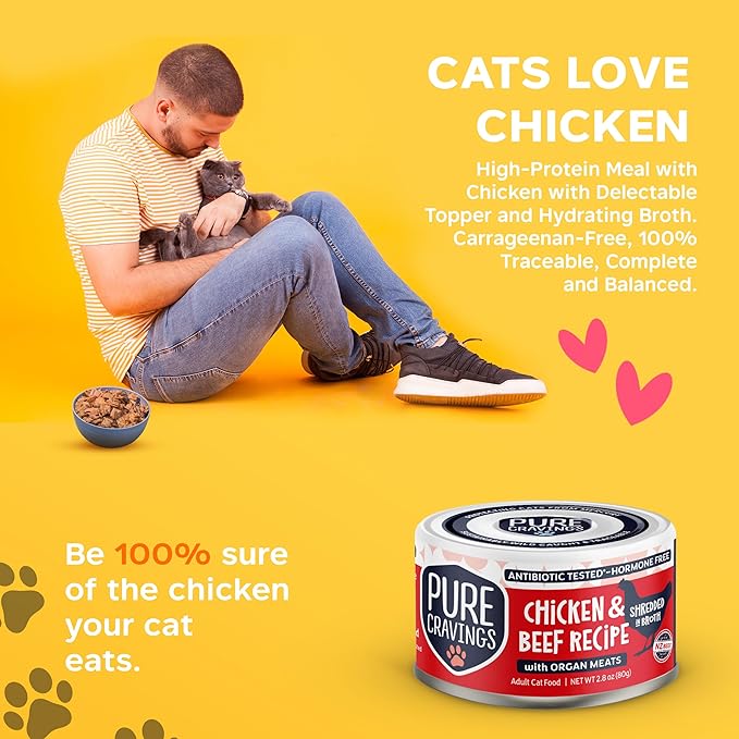 Pure Cravings Chicken and Beef Recipe in Broth, Shredded Wet Cat Food, Grain-Free Protein, Non-GMO, 12 Pack