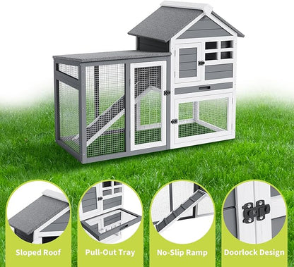2-Story Rabbit Hutch, Small Wooden Chicken Coop, with Waterproof Roof, Pull Out Tray and Anti-Slip Ramp, Bunny Cage for Indoor Outdoor (45.28" L x 20.08" W x 36.61" H)