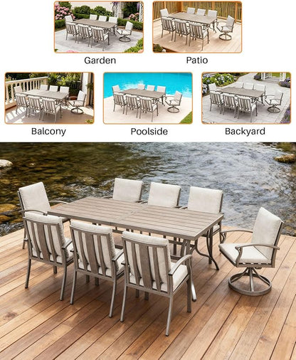 SEEHILL Patio Dining Table for 8, Aluminum Outdoor Dining Table with Umbrella Hole, 84" x 38.6" Rectangular Patio Table for Outside, Outdoor Patio Table for Deck, Garden Poolside, Limed Oak