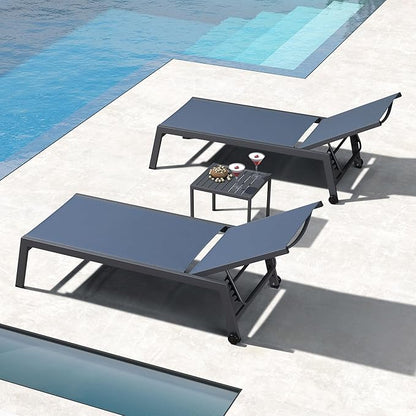 PURPLE LEAF Outdoor Chaise Lounge Set for 2 Oversized Pool Lounge Chairs with Easy-to-Move Wheels and Adjustable Backrest Extra Large Patio Loungers for Poolside Deck Beach Yard Table Included, Indigo