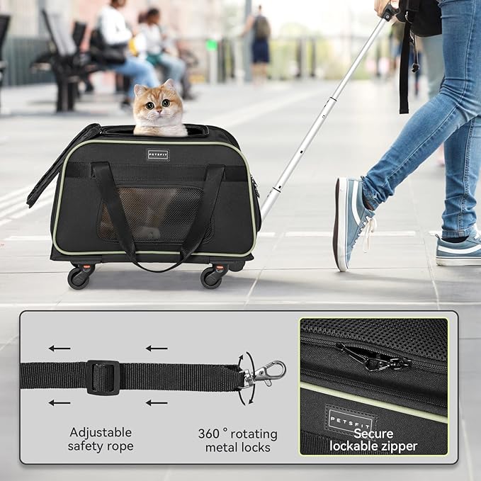 Petsfit Cat Carrier with Wheels Airline Approved, Pet Dog Carrier with Wheels for Small Dogs, Rolling Cat Carrier for Cats Puppy Stroller Detachable and Foldable Pet Travel Bag, Black&Green