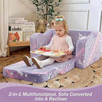 MeMoreCool Toddler Chair Comfy 1-3 Years Old, Kids Couch for Playroom, Convertible Glowing Unicorn Flip Out Sofa, Kids Furniture Floor Recliner Chair Bed