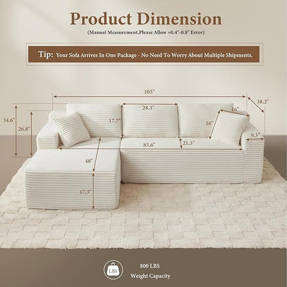 105" Sectional Couches for Living Room Cloud Couch Sofa with L-Shape Upholstered Boneless Couchs Modern Modular Sectional Couch with Chaise (White, 105" W+Left Facing Chaise+2Seaters)