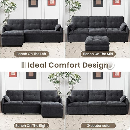 PALLOME 96" Modular L-Shaped Sofa - 3-Seat Cloud Couch with Movable Ottoman, Extra Deep Seat Sofa Couch with Throw Pillows for Living Room & Small Spaces (Grey, 3-Seat + Ottoman)
