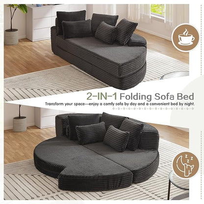 Antetek Chaise Lounge Chair Indoor, Convertible Folding Futon Sofa Bed w/ 5 Pillows, Fluffy Corduroy Boneless Compressed Memory Foam Couch for Living Room, Bedroom (Black, Right Half)