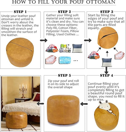 Thgonwid Unstuffed Faux Leather Pouf Cover, Handmade Footstool Ottoman Storage Solution, Floor Footrest Cushion - 16.5”Dx12”H, Yellow