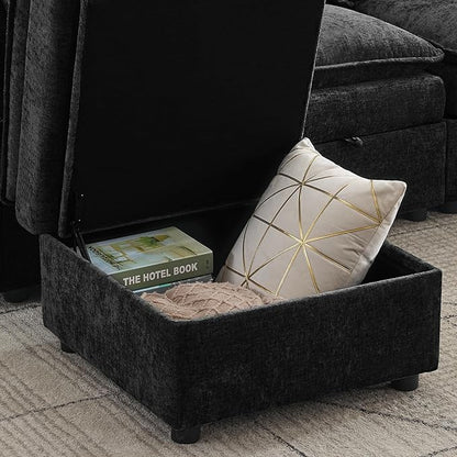 27" Cloud Sectional Modular Couch Ottoman with Storage, Upholstered Footrest with Anti-Slip Legs Large, Chenille Square Ottoman for Living Room, Bedroom, Entryway, Black