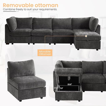 TEKAMON 96" Modular Sectional Sofa with Ottoman,Large Comfy Cloud 3-Seat Deep Seat, Reversible Chaise Modular Sectional Couches for Living Room and Apartmenr,Grey
