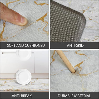 Kitchen Floor Mats Cushioned Anti Fatigue, White Marble Kitchen Rugs Set of 2 Non Slip Waterproof Memory Foam Kitchen Mat Comfort Standing Mat for Gold Kitchen Accessories and Décor
