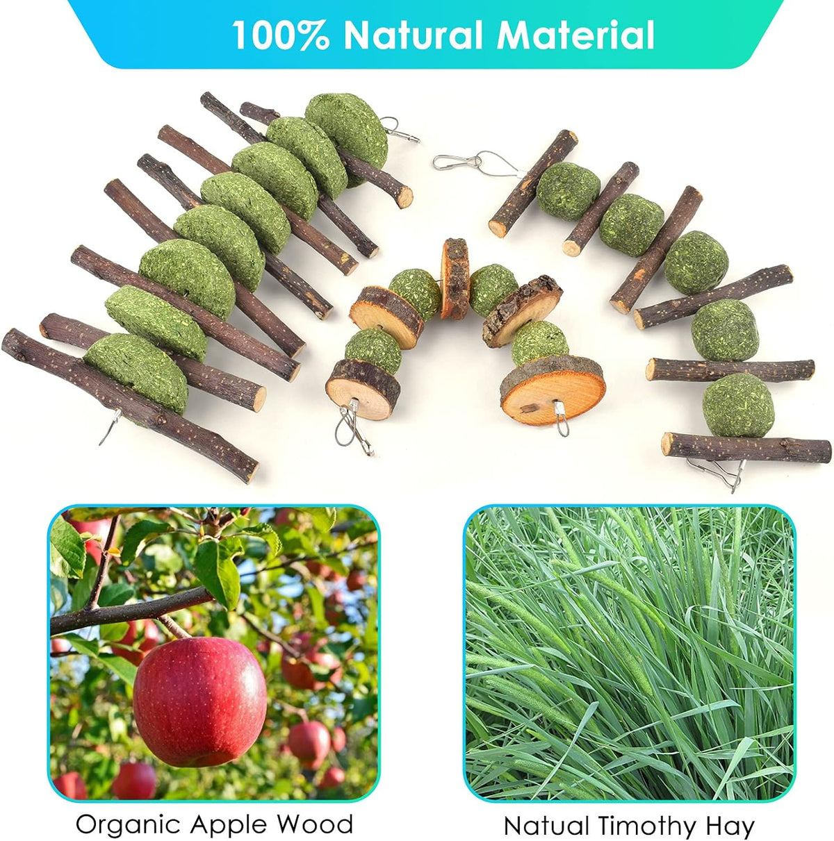 ERKOON Bunny Chew Toys, Rabbit Chew Toys for Teeth Grinding, Improve Dental Health, 100% Natural Apple Wood Timothy Grass Cake Treats for Rabbits Guinea Pigs Chinchillas Bunnies Hamsters (3 Pcs)