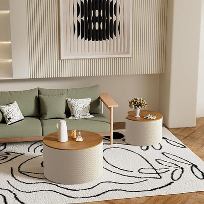 Round Nesting Coffee Table Set of 2, Round Fluted Coffee Tables with Storage for Living Room Leather Veneer Modern Nesting End Side Tables for Small Spaces (A Storage White)