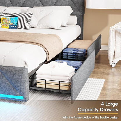Vabches Queen Bed Frame with Storage Headboard and 4 Drawers,Upholstered Platform with Charging Station and Led Lights,Adjustable Headboard,No Box Spring Needed,Dark Grey