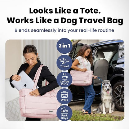 Puffer Dog Travel Bag for Dog Moms, Diaper Bag with Travel Bowls | 2 BPA-Free Collapsible Bowls, 2 Pet Food Containers, 9 Pockets, Everyday Puffer Bag Works With or Without Your Dog, Soft Pink