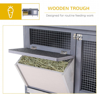 PawHut Wooden Rabbit Hutch Bunny Hutch Cage Guinea Pig with Waterproof Roof, No Leak Tray and Feeding Trough, Indoor/Outdoor, Gray
