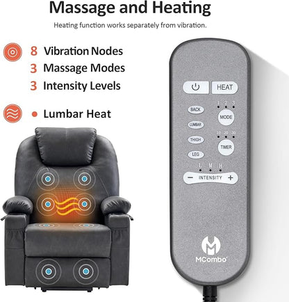 MCombo Large Power Lift Recliner Chair for Elderly, Lift Chair with Heat and Massage for Tall People, Extended Footrest, USB & Type C Ports, Cup Holders, Faux Leather 7516 (Large, Grey)