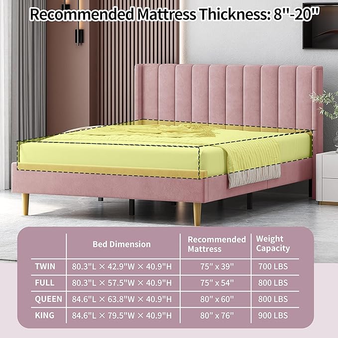 Queen Size Upholstered Platform Bed Frame with Modern Wingback & Vertical Panel Headboard, Velvet Fabric, Wooden Legs & Slats Support, No Box Spring Needed, Noise-Free & Easy Assembly, Pink