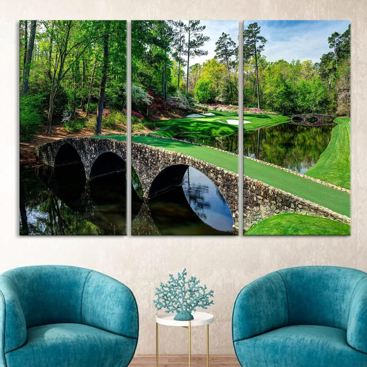 Nature Wall Art Prints - Ocean Forest Mountain Lake Canvas Landscapes - Small to Extra Large Living Room Bedroom Kitchen Bathroom Décor (Golf Course with Stone Bridge, 47L" x 71W" - 3 panels)