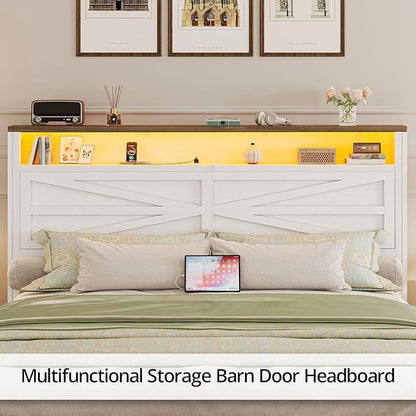 IRONCK Farmhouse Full Size Bed Frame with LED Light and Charging Station, Wood Bed Frame with Storage Headboard and 2 Drawers， Barn Door Design, Sturdy and Noiseless, White
