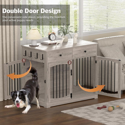 40 Inch Furniture-Style Dog Crate-Multipurpose Wood Pet Crate Furniture with Double Doors,2 Drawers, Decorative Dog House Indoor for Smal/Medium Dogs, Gray Finish