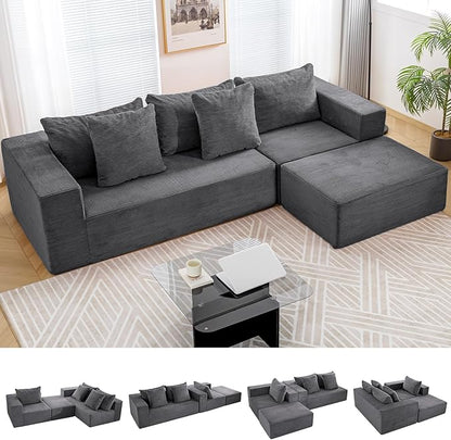 INGEROOM 108" Cloud Sectional Couch with L-Shape Chaise, Modular Sofa Memory Foam, 3 Module Boneless Sofa with Movable Ottoman, Upholstered Couches for Living Room, No Assembly Required, Dark Gray