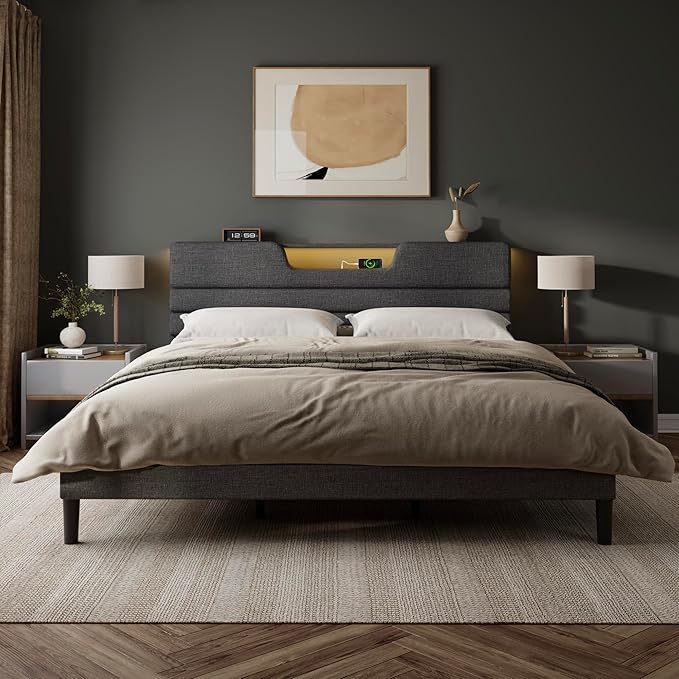 King Size Bed Frames with Upholstered Headboard, Modern Platform Bed with Charging Station and Led Lights, Bed Frame with Sturdy Wooden Slats/No Box Spring Needed/2-Tier Storage, Grey