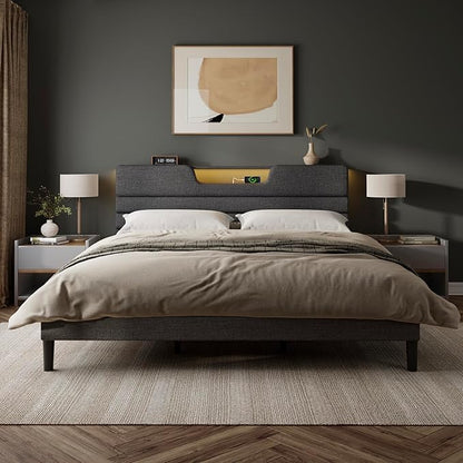 King Size Bed Frames with Upholstered Headboard, Modern Platform Bed with Charging Station and Led Lights, Bed Frame with Sturdy Wooden Slats/No Box Spring Needed/2-Tier Storage, Grey