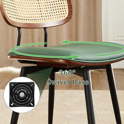 Quenvo Swivel Dining Chairs with Rattan Back, Modern Green Leather Dining Chairs Set of 2, Swivel Dining Room Chairs Kitchen Side Chairs with Metal Legs and Upholstered Seat for Kitchen & Restaurant