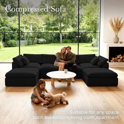 Cloud Modular Sectional Sofa Couch,141” U-Shape Sofa with Wide Armrest, Modern High-Density Sponge Compressed Couch for Living Room, Bedroom,No Assembly Needed (Black, 4 Seats+ 2 Ottoman)