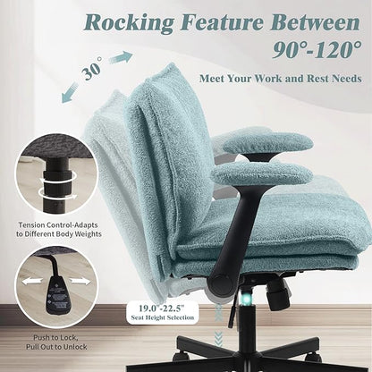 Kassipo Criss Cross Legged Office Chair with Wheels and Flip-Up Arms, Upholstered Criss Cross Desk Chair, Wide Seat Chairs for Home Office, Vanity, Apartment, Light Green