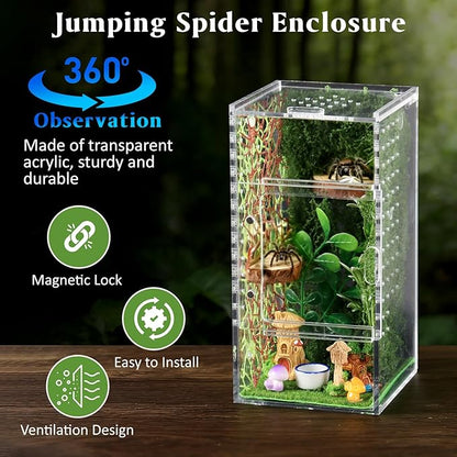 Jumping Spider Enclosure Kit, Small Acrylic Reptile Terrarium with Magnetic Door, Bug Habitat with 30 Pcs Jumping Spider Accessories for Tarantula, Mantis, Small Reptiles, 4" x 4" x 8"