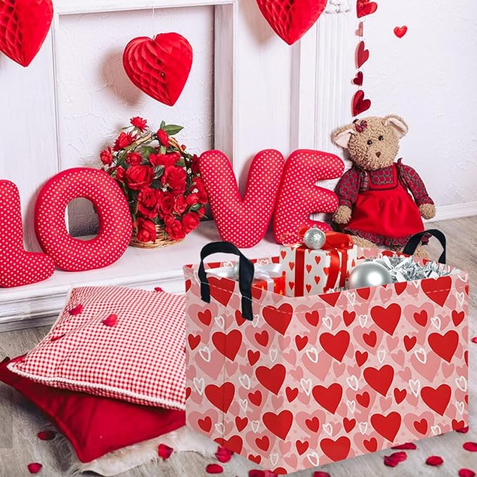 Rectangular Pink Valentine's Day Gift Basket,nursery basket,Pink girls gift baskets,kids toy storage Bin, Love Heart Room Decor for Home,Shelf Baskets(More Love)