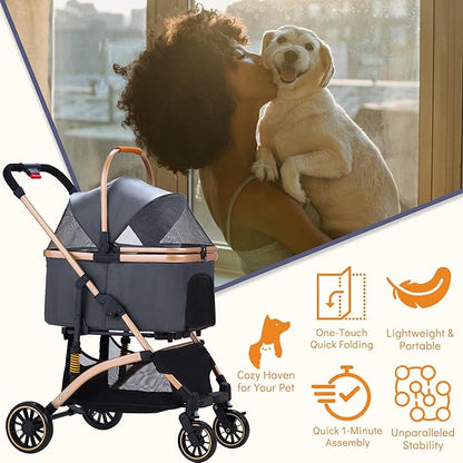 Pet Stroller for Small Medium Dogs, Lightweight Small Dog Stroller for Dogs Cats with 6 Shock Absorption System, Detachable Carrier Suitable for Car Seat & Hand Carry, Safe Outings, Gray