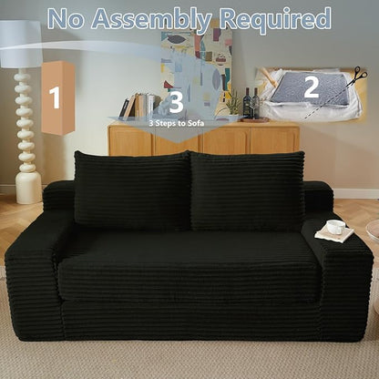 70.87" Loveseat Sofa Bed - Corduroy Upholstered, Comfy Deep Seat & Modern Design - Small Space Friendly, No Assembly Needed - Ideal for Living Room, Bedroom, Apartment, Home Office,Black