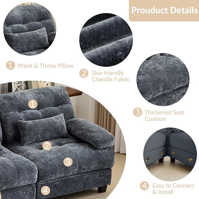 GRAINLLE 93'' Modular Sectional Cloud Couch with 1 Ottoman,Deep Seat Sleeper Sofa L Shaped Sectional Couch,Convertible Upholstered Comfy Chenille Sectional Sofa for Living Room,Bedroom(Blue)