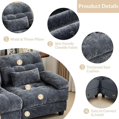 GRAINLLE 93'' Modular Sectional Cloud Couch with 1 Ottoman,Deep Seat Sleeper Sofa L Shaped Sectional Couch,Convertible Upholstered Comfy Chenille Sectional Sofa for Living Room,Bedroom(Blue)