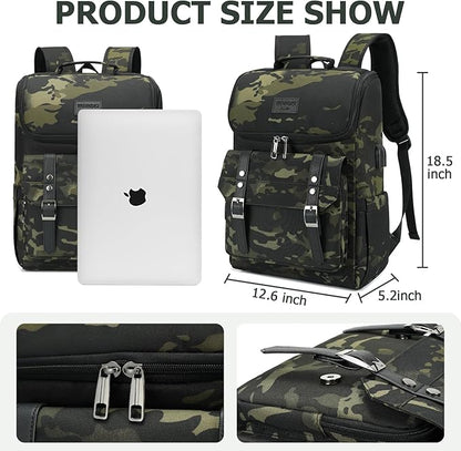 YALUNDISI Vintage Backpack Travel Laptop Backpack with usb Charging Port for Women & Men College Backpack Fits 15.6 Inch Laptop Camouflage Green