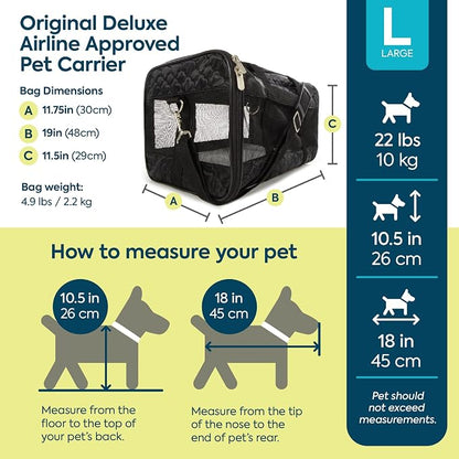 Sherpa Pet Carrier Airline Approved with Spring Wire Frame - Cat & Dog Carrier for In-Cabin Travel, Mesh Ventilation, Locking Zippers - Black Lattice, Large