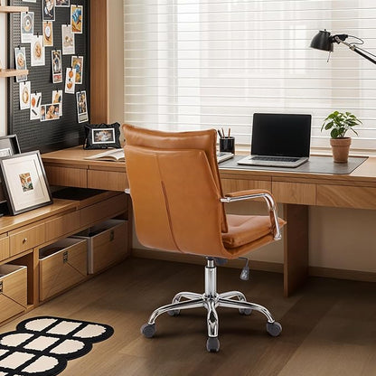 Mid-Back Ergonomic Leather Office Chair, Modern Upholstered Executive Desk Chair with Gold Frame Armrest Computer Task Chair (Camel &Silver Legs)